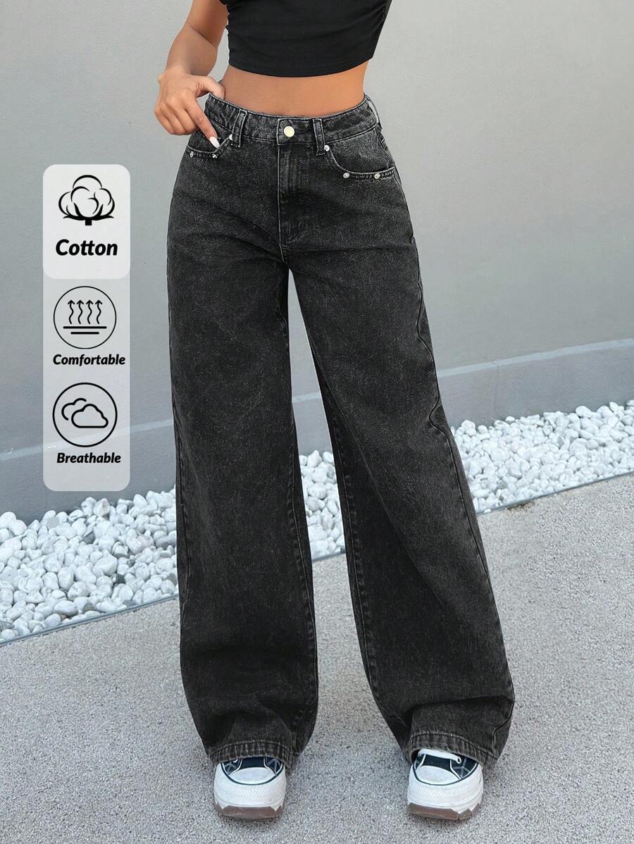 EURMUSE HIGH WAIST WIDE LEG CASUAL STYLE SNOW WASH Women S Clothes Women S Bottoms Women Summer Clothing Wide Leg Jeans Women - Black - View 1