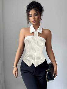 Elenzga 女士时尚黑白条纹露背吊带衫 - 杏色 - 查看 6