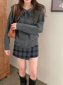 DAZY Women's Korean Style Ruffle Collar Bowknot Long Sleeve Casual Sweater, Autumn/Winter - Grey - View 2