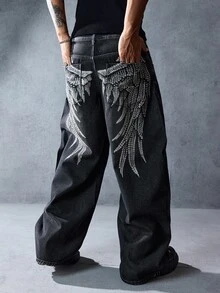 ROMWE MEN Street Life 休闲宽松直筒纽扣门襟男士破洞牛仔裤，适合日常穿着 - 黑色 - 查看 6