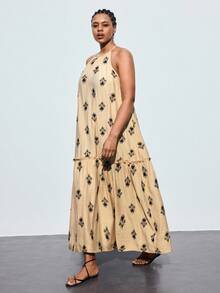 Maija Große Größen Sommer Lässig Kleid mit Blumen Allover-Muster und Trägerkragen