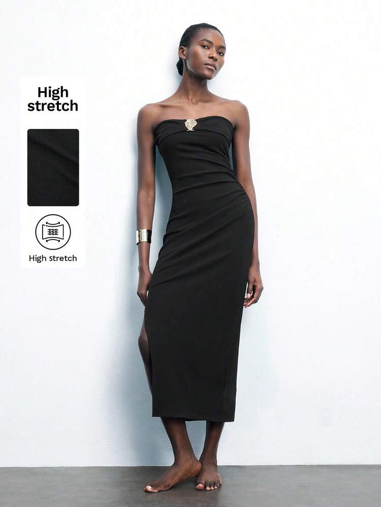 SHEIN Maija Women's Metallic Decor Elegant Ruched Dress