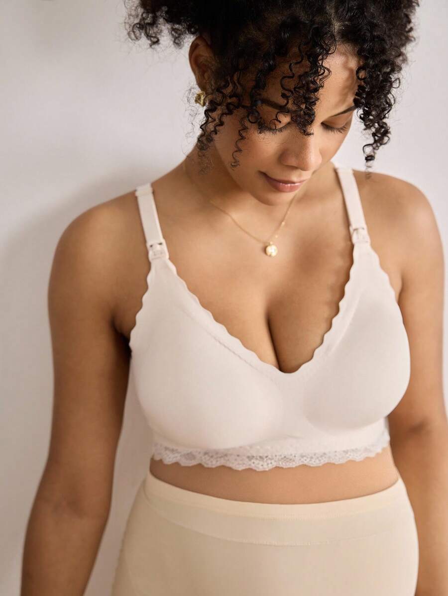 SHEIN Maternity Solid Color Comfortable Nursing Lace Trim Bra For Feeding Mothers