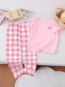 SHEIN Tween Girls Pajamas 2-Piece Set, Korean Style Minimalist Pink Bow Top And Classic Pink & White Plaid Bow Pants, Fashionable Elegant Short Sleeve Long Pants Sleepwear, Back To School Pink Pajama Set