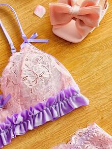 FairyFlirt مجموعة ملابس داخلية نسائية مزينة بالزهور والدانتيل والفيونكة والكشكشة - ارجواني - مشاهدة 3