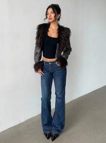 Aloruh Damen Jacke für Herbst/Winter, modischer vintage-bohemian Kunstpelzkragen Patchwork gewaschenePU-Lederjacke