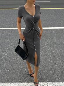 DAZY Đầm midi ôm sát cổ chữ V dành cho nữ, đầm hè cho nữ, đầm chống nắng. - Xám - Xem 1