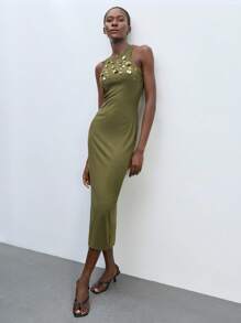 Maija Women's Long Solid Color Dress, Fashionable For Summer Olive Green Dress Army Green Dress Sequin Dress Gold Sequin Dress Floral Applique Dress