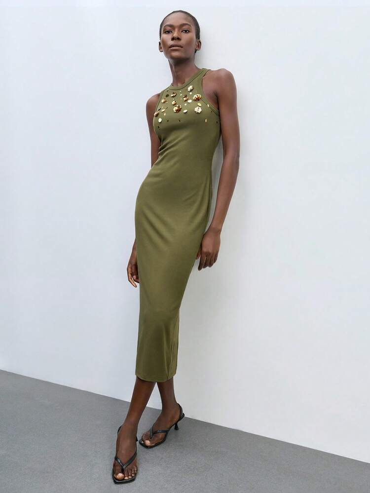 SHEIN Maija Women's Long Solid Color Dress, Fashionable For Summer Olive Green Dress Army Green Dress Sequin Dress Gold Sequin Dress Floral Applique Dress