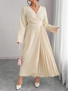 Elenzga 大码女式优雅交叉 V 领腰部褶皱下摆拼接褶皱松紧腰长袖长裙，适合办公室、通勤、法式浪漫下午茶派对