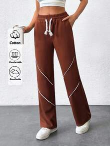 EURMUSE Women's Solid Drawstring Casual Sweatpants - Brown - View 1