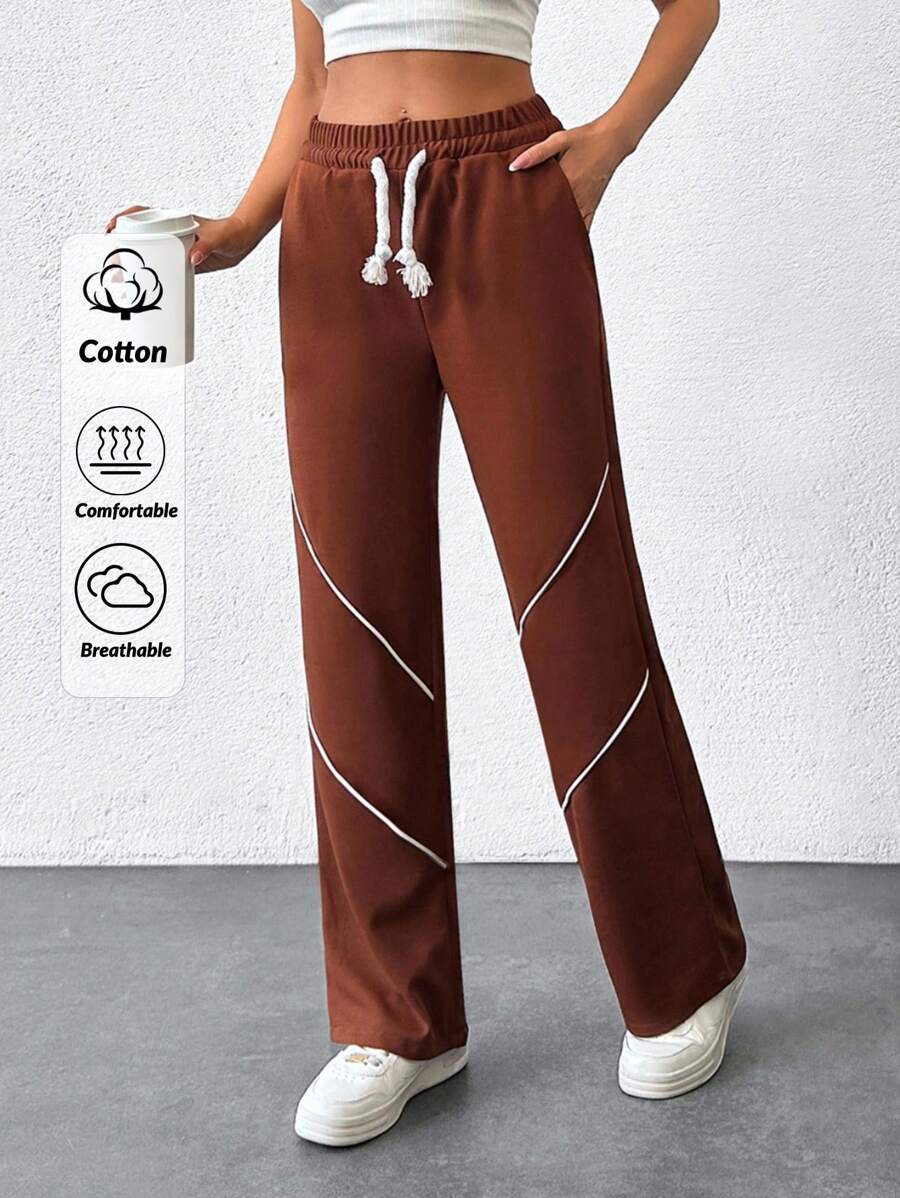 EURMUSE Women's Solid Drawstring Casual Sweatpants - Brown - View 1