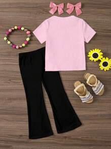 2pcs Girls Casual Outfit Set: Pink T-Shirt With Black Flare Pants, Featuring Cute Blue Rabbit, Floral, Heart, And Slogan Graphic Prints Tween Teen Girl Pants Set Girls Legging Sets Tween Leggings Set Tween Girls Flare Pants Flare Pants Set Kids
