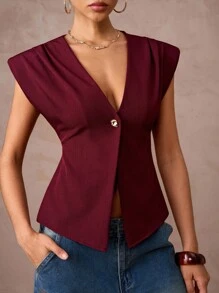 Lumalex Burgundy,Summer,Elegant,Night Out Women's V Neck Asymmetrical Hem Shirred Waist Wide Shoulder Blouse Glitter Holiday Party Rave Bohemian Luxury Top - Burgundy - View 8