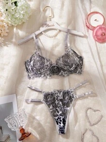 2pcs Women Spider Web Embroidery Lingerie Set, Halloween - Multicolor - View 3