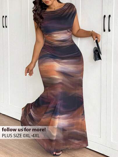 Lounesse Plus Size Elegant Tie Dye Print Maxi Fishtail Dress,Formal Dresses For Women