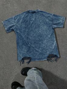 Manfinity EMRG 男士夏季标语印花做旧圆领短袖休闲T恤 - 藍色 - 查看 2