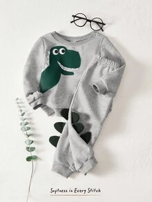 Cozy Pixies 男婴可爱鳄鱼印花圆领宽松卫衣和长裤套装