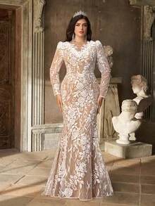 Aureia Plus Size Autumn And Winter Elegant Romantic White Sequin Embroidery Deep V Neck Leg Of Mutton Sleeves Slim Fishtail Hem Plus Tail Wedding Event Bride Beautiful Wedding Dress