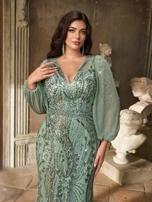 Aureia Đầm dạ hội cỡ lớn dành cho mùa thu đông, thanh lịch, lộng lẫy, màu xanh lá cây, thêu sequin, cổ chữ V, đính cườm, tay phồng, dáng ôm, đuôi cá, thích hợp cho bữa tối, tiệc độc thân, hẹn hò, khiêu vũ, lễ hội, đám cưới, sự kiện (kiểu dáng cầu kỳ), ngày Valentine. - màu xanh lá - Xem 4