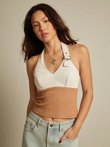 WESTFADE Top de cuello de halter con mezcla de medios occidentales de algodón twill y punto de canalé, hebilla de vaquera, para vacaciones de verano en la playa, estilo vaquero, rodeo, 4 de julio