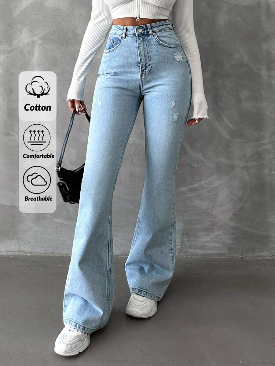 SHEIN Tall 98%纯棉拉链破洞喇叭裤牛仔裤 - 中等水洗藍 - 查看 1