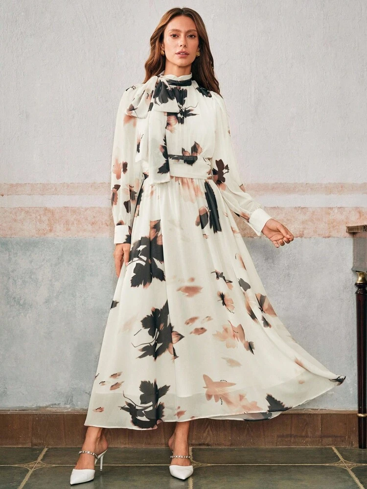 Elegant Tie Collar Printed Long Sleeve Cinched Waist Flared Hem Chiffon Dress For Women, Autumn