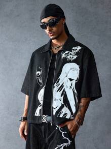 ROMWE MEN Anime Men's Denim Cartoon Character Print Zip-Up Casual Denim Jacket - Black - View 6