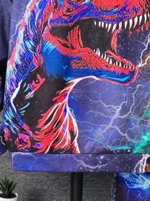 SHEIN 万圣节夜光效果 2 件套青少年男孩休闲街头时尚夜光恐龙图案连帽衫和运动裤套装，适合通勤、学校、日常休闲装、运动、秋冬运动裤套装儿童开学第一天儿童广场男孩开学第一天夜光模式冬季狂欢装 - 黑色 - 查看 6