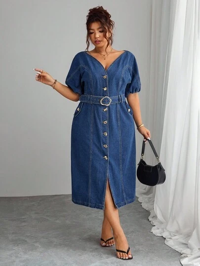 Elenzga 大码女式无弹力牛仔连衣裙，V领，泡泡袖，收腰，直筒版型，休闲牛仔女装
