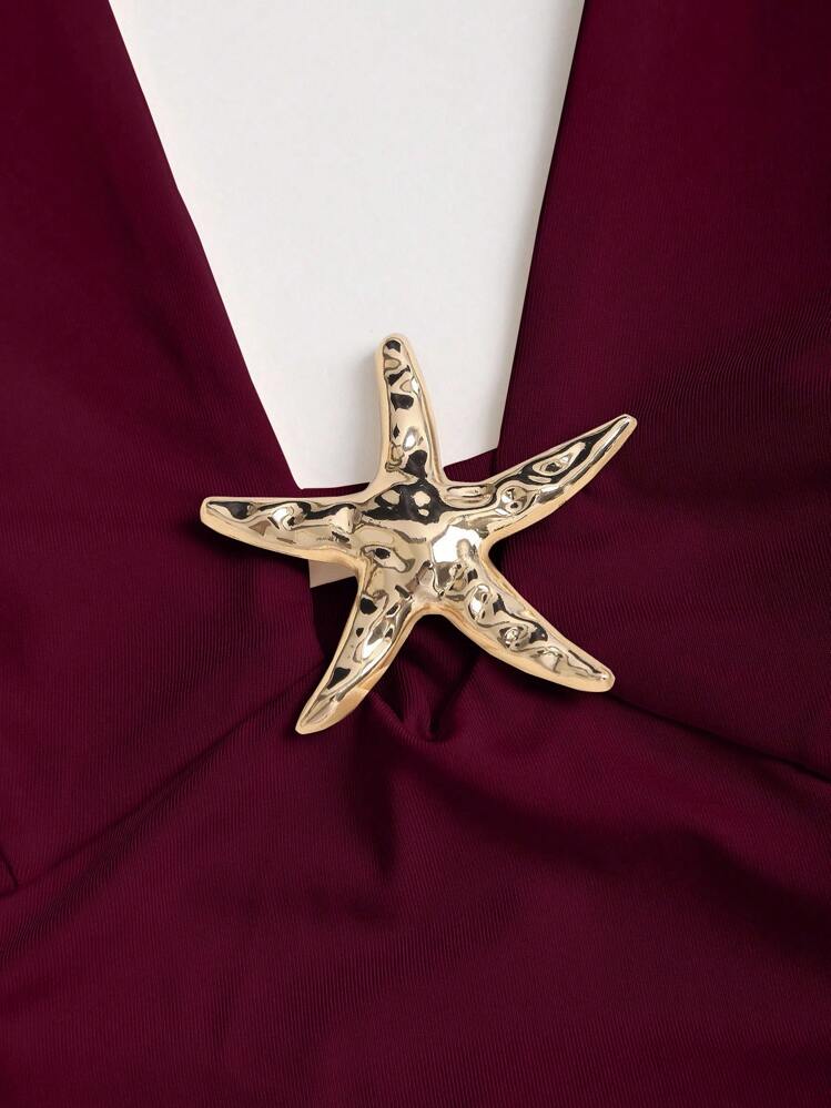 Sweetra Women's Summer European And American Fashion Fitted Pleated Low Neck Metal Decor Halter Tie Maxi Swing Dress, Casual Vacation - Burgundy - View 3