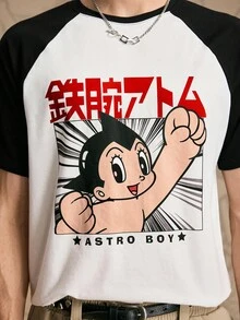 Astro Boy X SHEIN Men's Casual Cartoon Pattern Contrast Color Raglan Sleeve T-Shirt, Summer - White - View 6