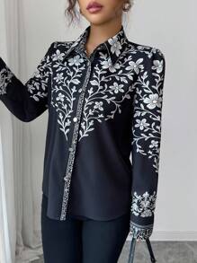 Elenzga 女士优雅秋季度假印花梭织衬衫