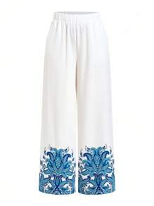 Ellevyn Women's Floral Print Shirt And Pants Two Pieces Set, Elegant And Graceful - Blue and White - View 7