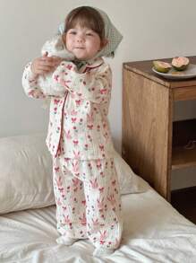 Hapijoa 2 件套女婴卡通印花可爱睡衣，春秋季，幼儿秋季服装 - 淺粉色 - 查看 10