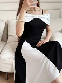 少女撞色褶饰优雅露肩夏装 - 彩色 - 查看 1