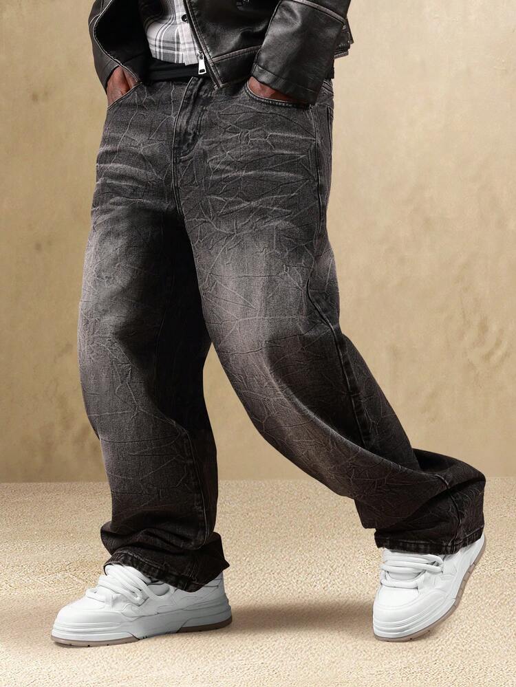 Wide Leg Crinkled Denim Jeans With Textured Pattern