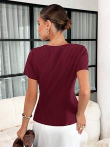 Lavishia 女士方领金属花朵纽扣背心，时尚优雅夏季女装度假休闲商务休闲可爱夏季女式衬衫 - 酒紅色 - 查看 2