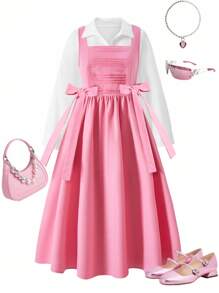 SHEIN Teenager Mädchen Lässiges, süßes & elegantes Hemdkleid Set, mit plissiertem Design an der Brust und Schleife an der Taille, Kragen Hemd, geeignet für Einkaufen, Ausgehen, Spazierengehen und Schule - Pink - Übersicht 5