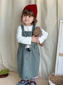 DAZY Baby Girls Solid Color Washed Casual Korean Style Denim Jumpsuit Dress Fall,Winter Toddler Girls Clothes - Blue - View 6