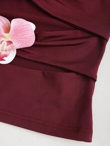 Sweetra 全新 Y2K 花卉图案褶饰腰部修身抹胸女式上衣 - 酒紅色 - 查看 3