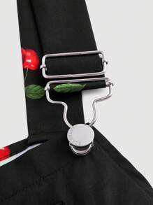 SHEIN CURVE+ Curves 大码/学校服装/返校服装/返校大码女式樱桃印花前袋侧拉链背带裙 - 黑色 - 查看 3