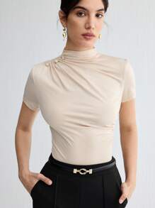 BizChic Women's Stand Collar Pleated Short Sleeve T-Shirt, Basic Top, Suitable For Outings, Office, Business Casual, Autumn - Apricot - View 7