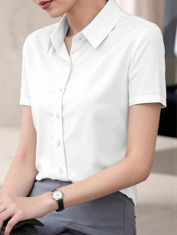 INAWLY Women's Solid Color Front Button Casual Business Short Sleeve Shirt, Summer