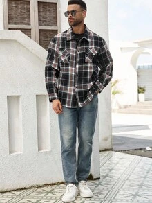Manfinity Homme Veste casual en mélange de laine à manches longues, simple boutonnage, à carreaux, grande taille, pour hommes - Multicolore - Voir 3