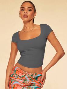 SHEIN BAE Square Neck Ruched Side Crop Tee - Dark Grey - View 5