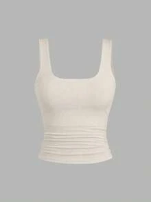 Sweetra Tank Top Kasual Wanita Warna Polos dengan Leher Persegi dan Lipit, Pas Badan. - MultiWarna - View 5