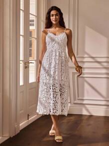 Glamance BiGraphic Women's Solid Color Hollow Out Spaghetti Strap Contrast Lace White Dress Wedding Guest Dress Women Off The Shoulder Dress Casual - White - View 6