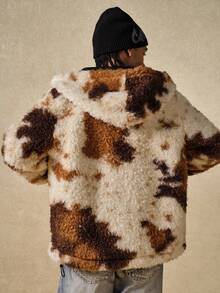 ROMWE MEN Street Life Men's Animal Print Long Sleeve Zip Front Hooded Fleece Jacket , Fall Winter - Burgundy - View 5