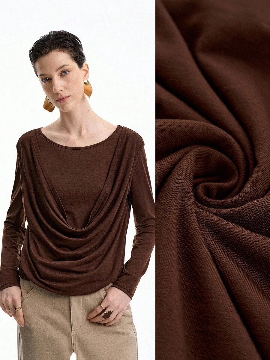 Aalyst Women's Elegant Fashion Commuter Casual Comfortable Charming Retro Long Sleeve Round Neck 2 In 1 Loose Collar Solid Color T-Shirt Fall Cloth For Women - Mocha Brown - View 1